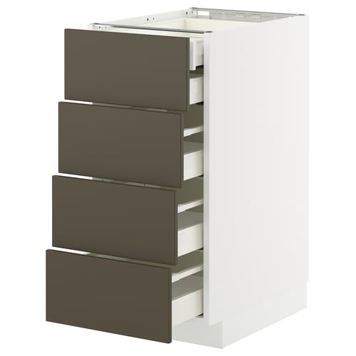 Its an ikea METOD kitchen unit in white with four gray drawers. It has a sleek, modern design with dark brown handles and full-extension drawers.