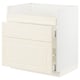 White kitchen cabinet, square, traditional off-white with bevelled edges, solid & sturdy, smooth-running drawers.
