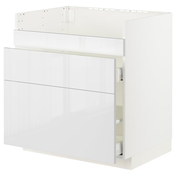 White METOD kitchen cabinet. Glossy finish, rectangular shape, modern design. Including drawers and shelves.