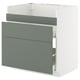 Modern METOD kitchen cabinet in grey-green with three drawers, made of particleboard and plastic, featuring a sleek design.