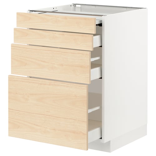 The ikea METOD kitchen cabinet with light ash wood-patterned askersund fronts, featuring multiple drawers on a white base.