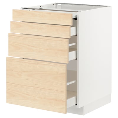 The ikea METOD kitchen cabinet with light ash wood-patterned askersund fronts, featuring multiple drawers on a white base.