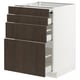 Modern kitchen cabinet with dark brown wood drawers, sleek handles, and white frame.