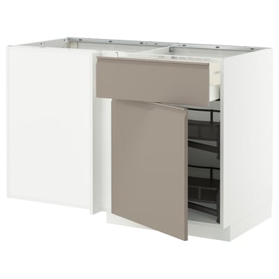 METOD kitchen unit with grey-beige doors, modern design, corner base cabinet with pull-out shelves.