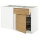 Modern kitchen cabinet in white and oak, open drawer and shelves.
