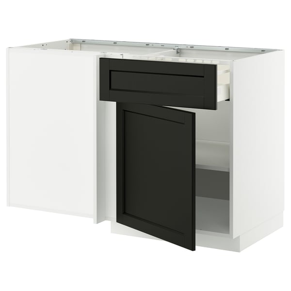 Black & white kitchen cabinet with drawer, door and bevelled edges, modern design.