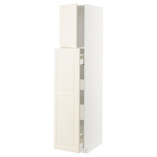 White METOD kitchen cabinet with bevelled edges and shelves.