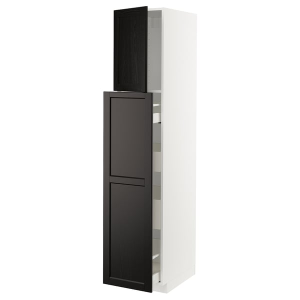 White kitchen cabinet, dark brown doors, multiple shelves, visible drawer.