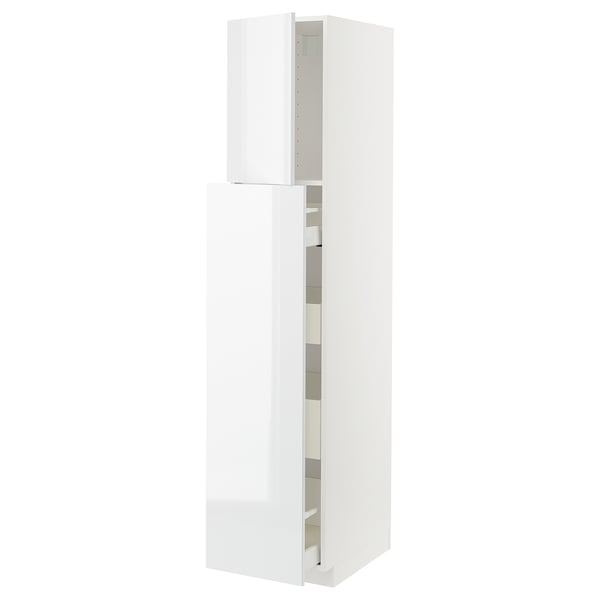 White high gloss kitchen cabinet with multiple shelves.