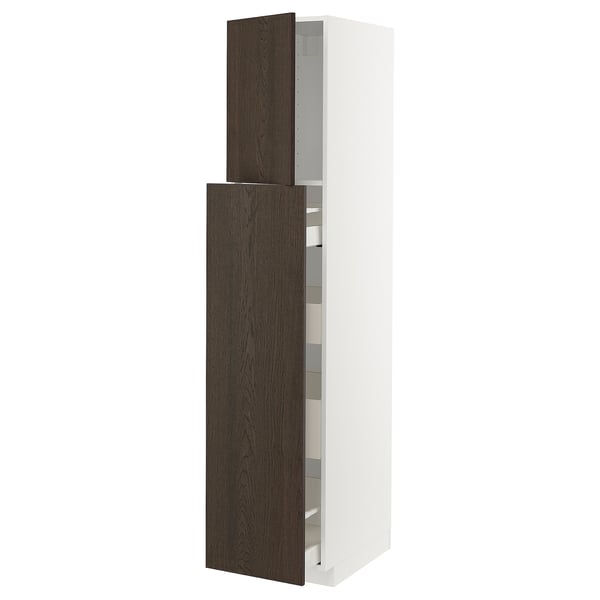 Modern kitchen cabinet in white with dark brown doors, sleek design, and sturdy construction.