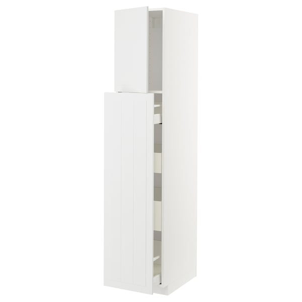 A white METOD kitchen cabinet with a sleek design and multiple shelves in an open position.