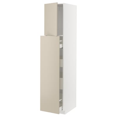 A tall white kitchen cabinet with two beige doors; one opened, revealing shelves inside.