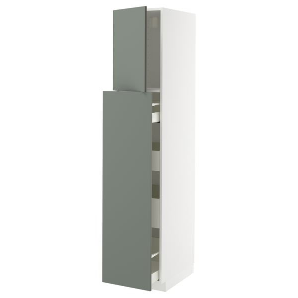 A tall, white cabinet with a gray-green door, part of the METOD kitchen system.