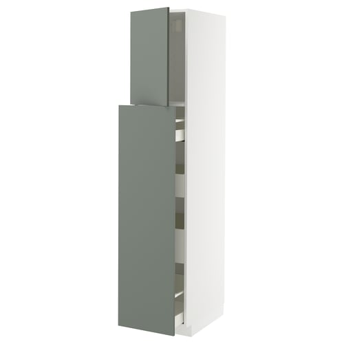 A tall, white cabinet with a gray-green door, part of the METOD kitchen system.