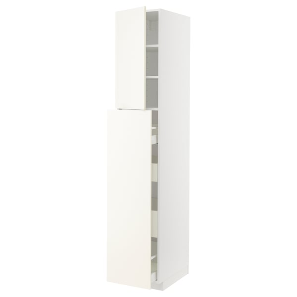 White METOD kitchen cabinet, tall with shelves and drawers.