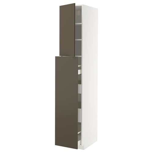 Modern kitchen cabinet: METOD, white & dark brown, sleek, tall with open shelves.