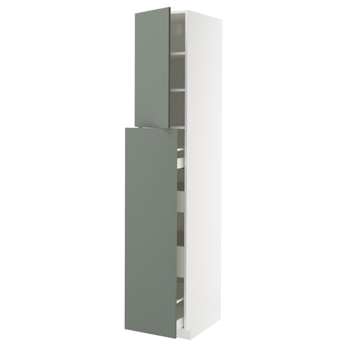 Modern METOD kitchen cabinet in grey-green with adjustable shelves. Tall, rectangular, and sleek design.