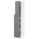 Modern METOD kitchen cabinet in grey-green with adjustable shelves. Tall, rectangular, and sleek design.