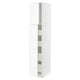 White METOD kitchen cabinet with grain texture, tall and rectangular, featuring grey hinges and adjustable shelves, sleek and modern design.