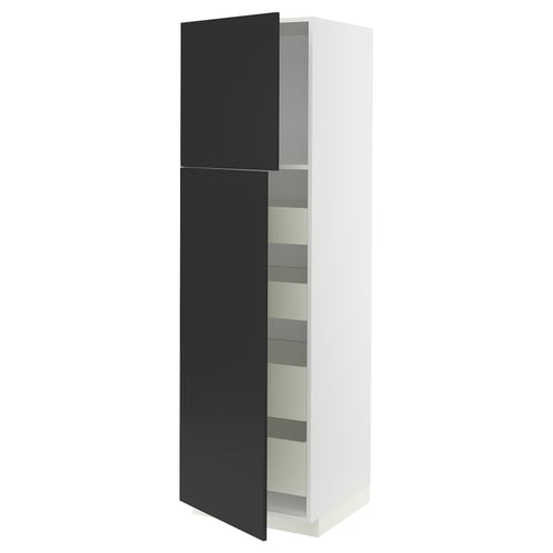 Modern black and white METOD cabinet with glass shelves, sleek design.