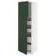 Modern tall white cabinet with green doors and internal shelves.