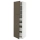 Modern, tall white kitchen cabinet with brown doors, shelves inside.