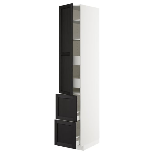 A white METOD kitchen cabinet with black stained lerhyttan doors and adjustable shelves. The doors have bevelled edges and a traditional design.