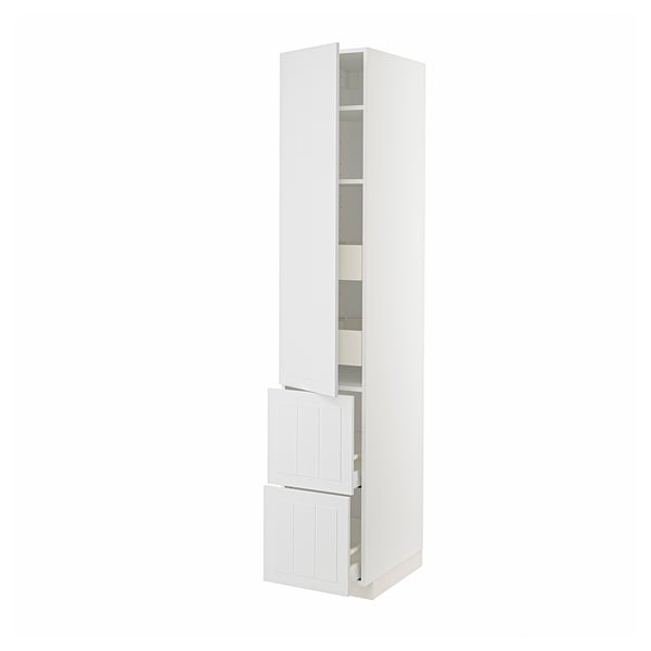 White METOD kitchen cabinet, tall with shelves and drawers, modern design, clean look.