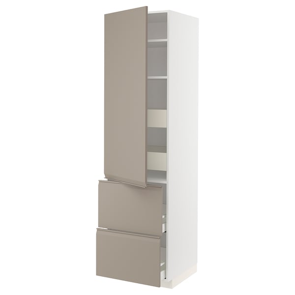 Modern kitchen cabinet set, beige, metal and plastic, tall and slim, minimalist design.