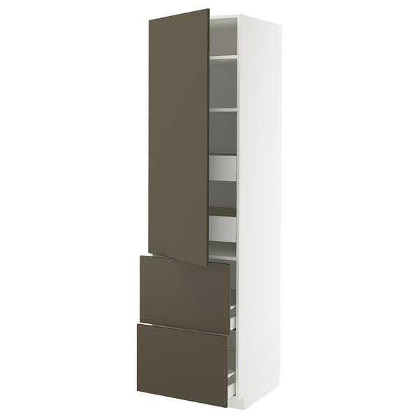 Modern tall kitchen unit, white with dark brown drawers and shelves.