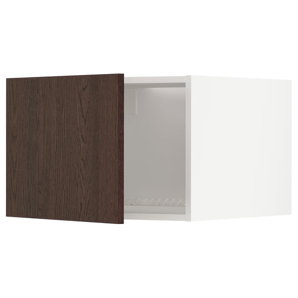 Modern kitchen unit: dark brown oak door, white interior, square shape.