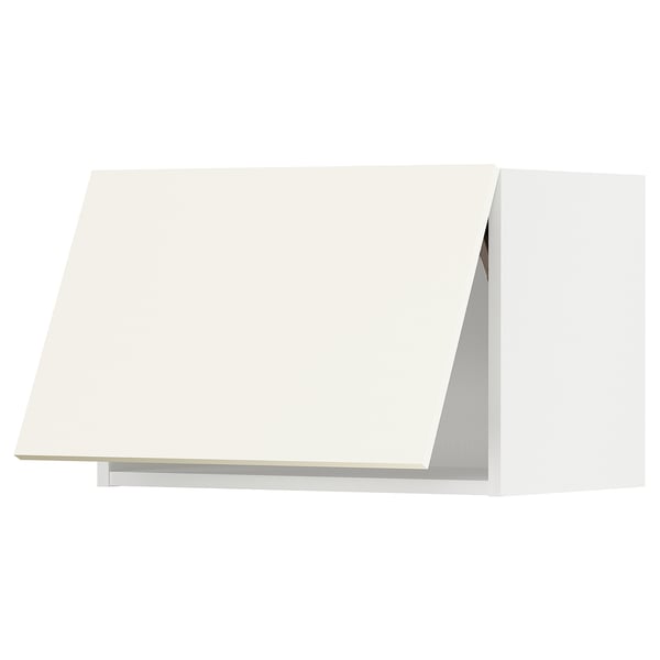 White ikea METOD kitchen cabinet with glossy finish and door lift mechanism.