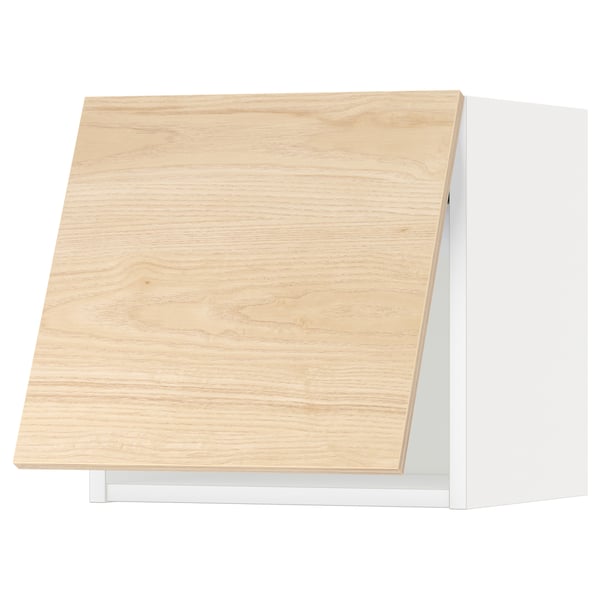 Modern kitchen cabinet, light wood design, white sides, rectangle shape.