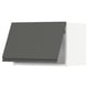 Modern grey kitchen cabinet with sleek, integrated handles, angled design.