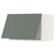 Modern grey-green kitchen cabinet, angled, with sleek design.