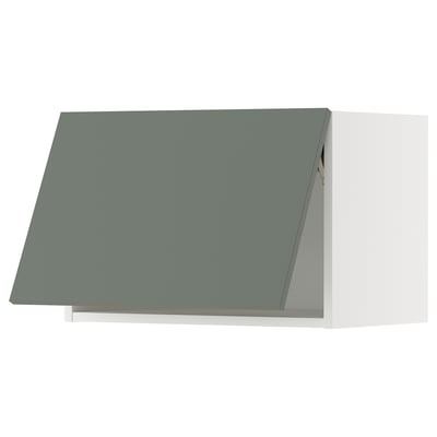 Modern grey-green kitchen cabinet, angled, with sleek design.
