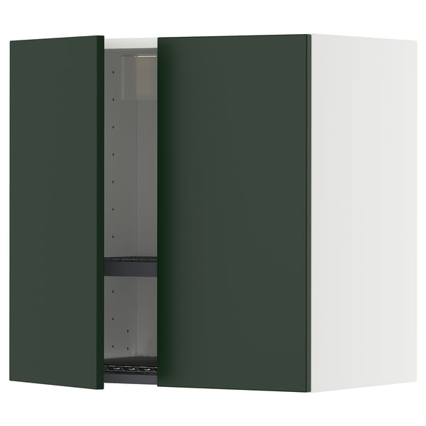 Green METOD kitchen cabinet with one open door, square shape, adjustable shelves, modern design.