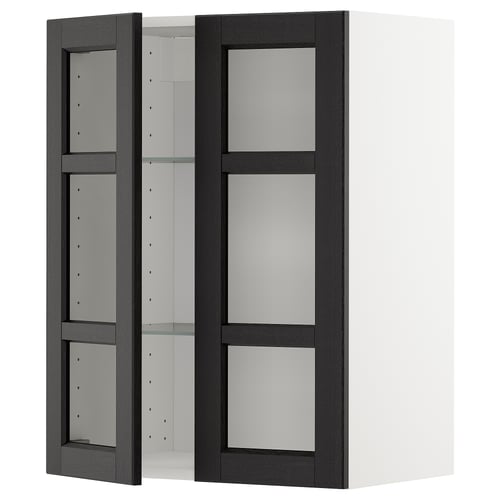 Black stained glass kitchen cabinet with bevelled edges and adjustable shelves. Modern design, part of the METOD kitchen system.