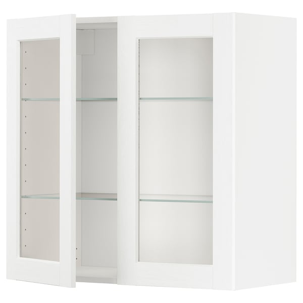 A modern white METOD kitchen cabinet unit with glass doors and adjustable shelves.