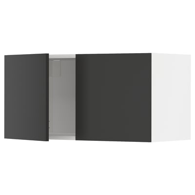 Black modern kitchen cabinet, square shape, matte finish, with a single open door.