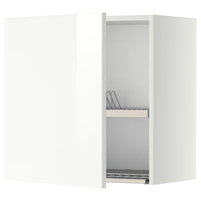 A white METOD kitchen wall cabinet with a high gloss finish and a built-in dish drainer.