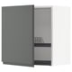 Grey kitchen cabinet with shelves, open design.