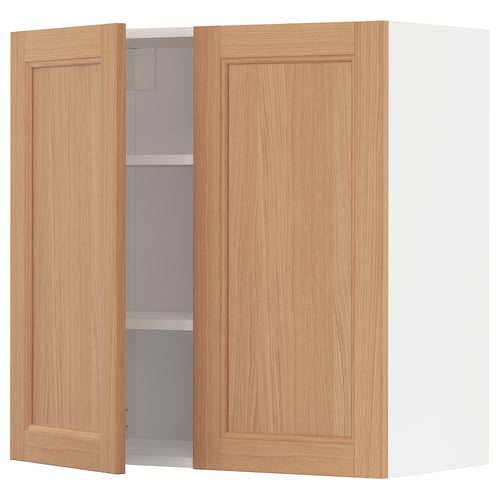 METOD wall cabinet with oak doors, adjustable shelf, white frame, square design.