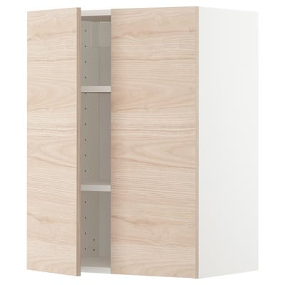 A METOD kitchen cabinet with light ash wood pattern doors. It has an open section revealing inner shelves.