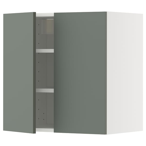 A gray-green METOD wall cabinet with an adjustable shelf and nickel hinges. Its part of the ikea kitchen system.