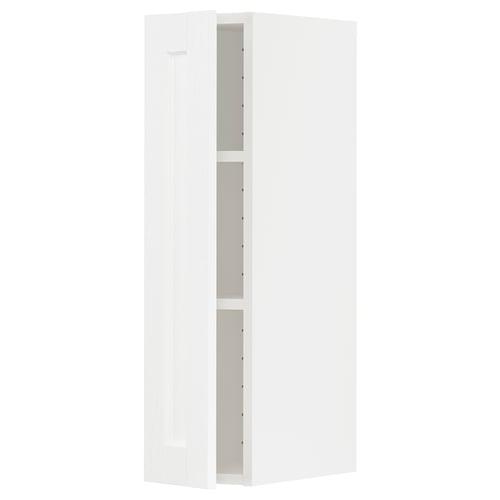 White METOD kitchen cabinet with glossy finish and two open shelves.