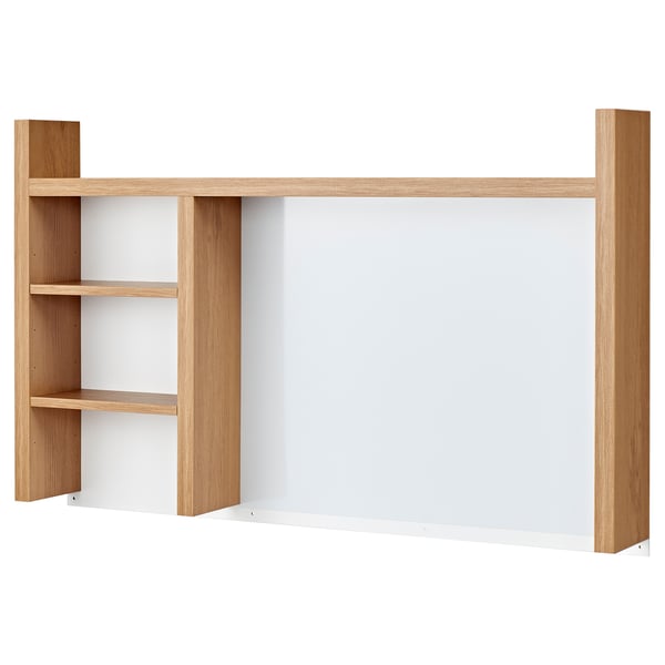 MICKE desk, light brown, rectangular, minimalist design with side shelves and adjustable compartments.