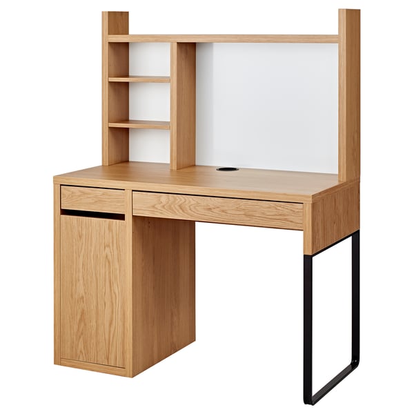 MICKE desk - oak, white board, black legs, adjustable shelves