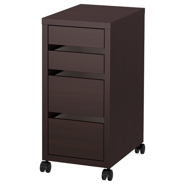 Dark brown MICKE mobile file cabinet with four drawers on wheels. Modern, minimalist design. Ideal for offices.