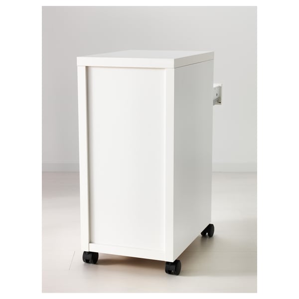 White rolling cabinet on wheels, designed for easy mobility and storage, part of the MICKE series.